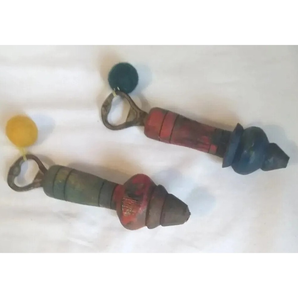 2 Bottle Openers Handcrafted Handles Painted Rustic Primative Folk Art‎ Vintage
